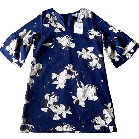 NWT BELONGSCI Womens V-Neck Bell Sleeve Shift Dress Mini Dress Navy Size Large - Picture 1 of 12